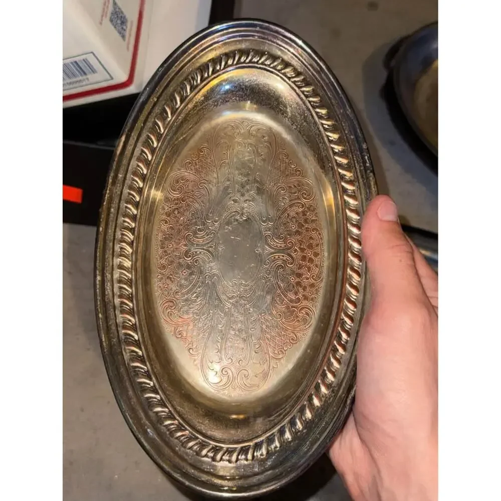 Vintage Silver Plate On Copper Oval Serving Dish / Tray, Eagle in Shield Makers